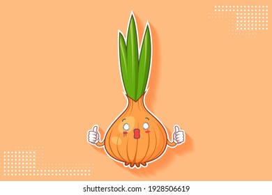 SPACED OUT, SURPRISED, SHOCKED Face Emotion. Double Thumb up Hand Gesture. Onion, Garlic Vegetable Character Cartoon Drawing Mascot Illustration.