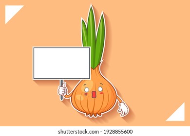 SPACED OUT, SURPRISED, SHOCKED Face Emotion. Holding Whiteboard Gesture. Onion, Garlic Vegetable Character Cartoon Drawing Mascot Illustration.