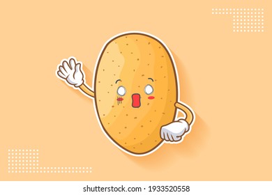 SPACED OUT, SURPRISED, SHOCKED Face Emotion. Waving Hand Gesture. Potato Vegetable Character Cartoon Drawing Mascot Illustration.