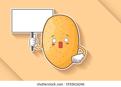 SPACED OUT, SURPRISED, SHOCKED Face Emotion. Holding Whiteboard Hand Gesture. Potato Vegetable Character Cartoon Drawing Mascot Illustration.