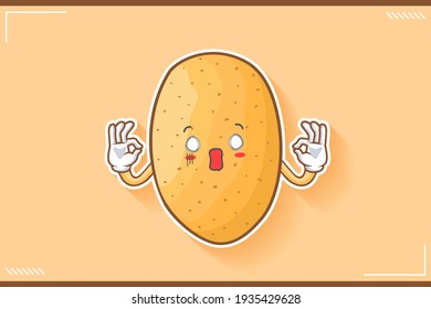SPACED OUT, SURPRISED, SHOCKED Face Emotion. Double Nice Hand Gesture. Potato Vegetable Character Cartoon Drawing Mascot Illustration.