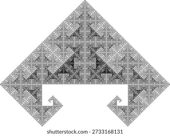 Space-filling curve fractal pattern with six iterations on a white background, formed by black line segments, with an abstract geometric structure, symmetry, uniqueness and self-similarity. Suitable for mathematical, scientific and educational illustration, background design, posters and decoration.