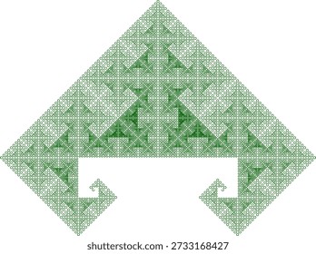 Fraktales Muster mit räumlicher Füllungskurve mit sechs Iterationen auf weißem Hintergrund, gebildet durch grüne Liniensegmente, mit abstrakter geometrischer Struktur, Symmetrie, Einzigartigkeit und Selbstähnlichkeit. Geeignet für mathematische, wissenschaftliche und pädagogische Illustration, Hintergrunddesign, Poster und Dekoration.