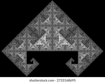 Space-filling curve fractal pattern with six iterations on a black background, formed by white line segments, with an abstract geometric structure, symmetry, uniqueness and self-similarity. Suitable for mathematical, scientific and educational illustration, background design, posters and decoration.