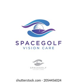 Logo für Raumsichtung, kreatives abstraktes Auge mit Golfball und Golfplatz im All