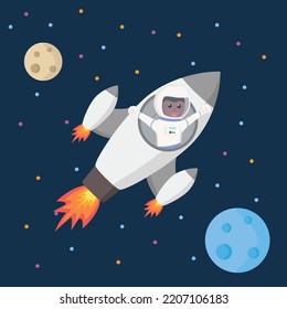 Spaceman african flying with rocket design character on white background