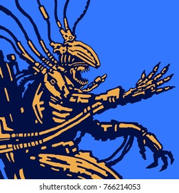 Spaceman alien sits in suit on his iron throne. Science fiction original character. Vector illustration.