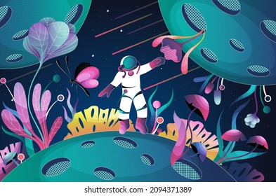 Spaceman or Astronaut Character in Space Suit in Outer Space Enjoying Fabulous Flora Vector Illustration. Moonwalker Exploring Aerospace Having Cosmic Adventure