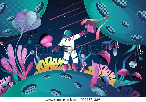 Spaceman or Astronaut Character
in Space Suit in Outer Space Enjoying Fabulous Flora Vector
Illustration. Moonwalker Exploring Aerospace Having Cosmic
Adventure