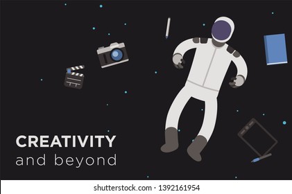spaceman astronaut float in space with creativity tools like camera, pen, clapper for film and movie, book or notebook and a drawing tablet - great for motion graphic and online course