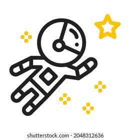 Spaceman astronaut in helmet web icon vector design.  Spacesuit and stars. Cosmonaut man in helmet and spacesit fluing to stars. Cosmos explorer, hero character web icon in black and yellow