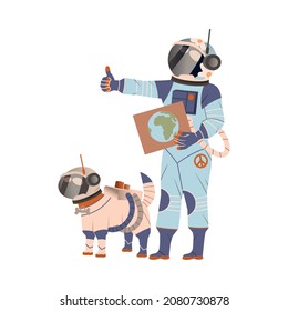 Spaceman or Astronaut Man Character with Dog in Space Suit on the Moon Hitchhiking to Earth Vector Illustration
