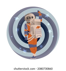 Personaje de hombre astronauta o espacial en traje espacial en la ilustración del vector de la mano ondulante de la luna