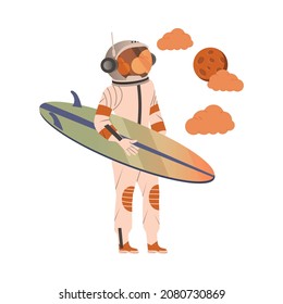 Spaceman or Astronaut Man Character in Space Suit on the Moon Standing with Surfboard Vector Illustration