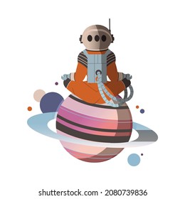 Spaceman Or Astronaut Man Character In Space Suit On The Moon Meditating In Yoga Pose Vector Illustration