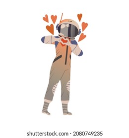 Spaceman or Astronaut Man Character in Space Suit on the Moon Showing Heart Hand Gesture Vector Illustration