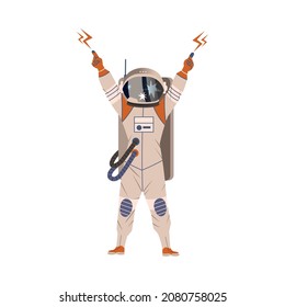 Spaceman or Astronaut Man Character in Space Suit on the Moon Standing with Raised Hands Vector Illustration