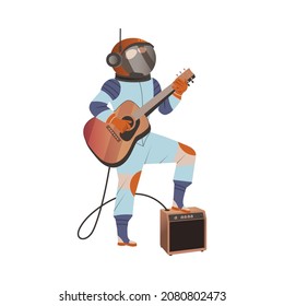 Personaje de hombre astronauta o espacial en traje espacial en la luna tocando ilustración de vector de guitarra