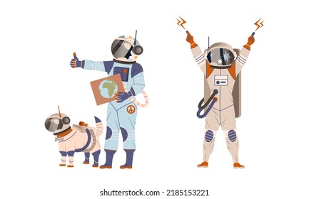 Spaceman or Astronaut Man Character in Space Suit Hitchhiking and Raising Hands Up Vector Set