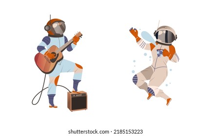 Personaje de hombre astronauta o espacial en un juego de vectores de guitarra eléctrica que aplasta el té de la taza y toca