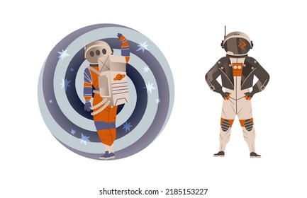 Personaje de hombre astronauta o espacial en suite espacial en la luna con funda para motociclista de cuero y juego de vectores de mano ondulante