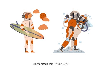 Spaceman or Astronaut Man Character in Space Suit on the Moon Dancing and Standing with Surfboard Vector Set