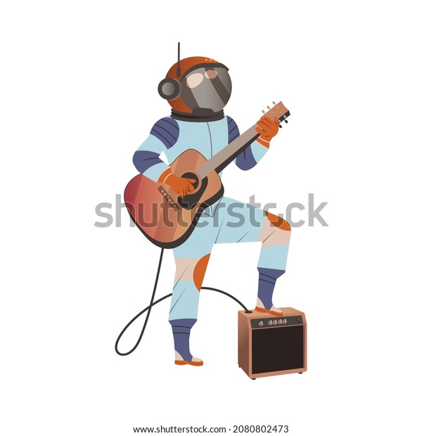 Spaceman or Astronaut Man Character\
in Space Suit on the Moon Playing Guitar Vector\
Illustration