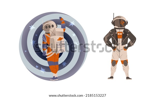 Spaceman\
or Astronaut Man Character in Space Suit on the Moon Wearing\
Leather Biker Jacket and Waving Hand Vector\
Set