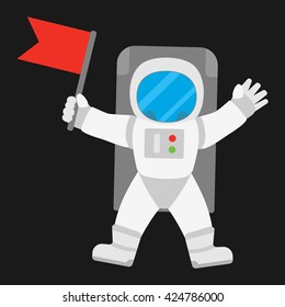 Spaceman astronaut in outer space holding red banner flag. Vector illustration on black background.