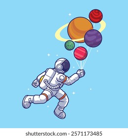 A Spaceman Astronaut Using Planets as Balloons to Float in Outer Space Cartoon Vector Icon Illustration. Space Icon Concept Isolated Premium Vector. Flat Cartoon Style.