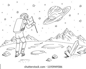 Spaceman astronaut walking with flag. Alien planet graphic black white space landscape sketch illustration vector