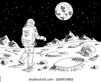 Spaceman astronaut walking on alien planet. Graphic black and white space landscape sketch illustration, vector.