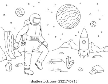 Spaceman astronaut walking on alien planet. Graphic black and white space landscape sketch illustration vector