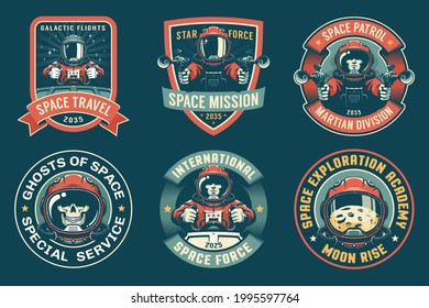 Spaceman badge vintage set. Space retro emblem with astronaut. Vector illustration.