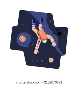 Spaceman in beige suit floating in weightlessness flat style, vector illustration isolated on white background. Astronaut in outer space, planets and stars, cosmos exploration