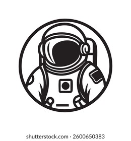 Spaceman in black and white circular emblem design, retro aesthetic
