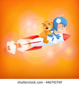 Spaceman boy with teddy bear on rocket. Vector illustration