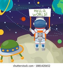 Spaceman cartoon astronaut in space, cosmonaut at moon vector illustration. Hello world, astronomy technology and graphic universe. Flat man character at cosmos galaxy adventure design.