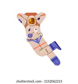 Spaceman character flat style, vector illustration isolated on white background. Cosmonaut in beige spacesuit with helmet relaxes in weightlessness, rest in zero gravity