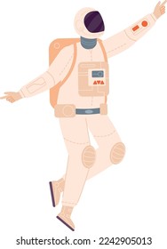 Spaceman character pointing finger. Space explorer in suit jumping isolated on white background