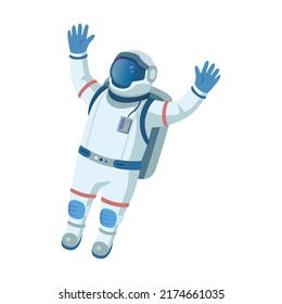 Spaceman character in space flat icon. Cartoon spaceman or cosmonaut exploring galaxy, holding flag vector illustration. Adventure and universe