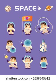 spaceman characters galaxy exploration space set vector illustration