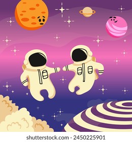 Spaceman children in space suits flying in space. Cute funny baby astronauts and planets in cosmos. Kids spacewalk. Vector illustration