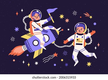 Spaceman children in space suits traveling in universe. Adventure of cute funny astronauts in cosmos. Kids on rocket. Childish colored flat vector illustration of spacewalk on spaceship