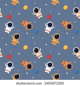 Spaceman colorful cartoon so cute. On moon star background. Pattern seamless vector illustration. 
