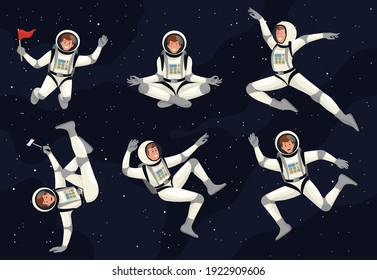 Spaceman cosmonaut science icon space set. People wearing spacesuits in different poses. Cartoon astronauts or cosmonauts in zero gravity