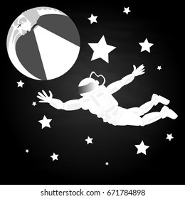 Spaceman and crescent moon. Space explorer. Cosmic illustration for T-shirt design