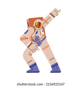 Spaceman dancing disco, flat vector illustration isolated on white background. Cartoon character in spacesuit and helmet in dance pose. Astronaut and party in outer space concepts.