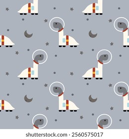 Spaceman dinosaur cartoon so cute. On moon star gray background. Pattern seamless vector illustration. 
