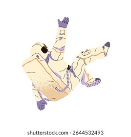 Spaceman is falling down in zero gravity back view. Astronaut in spacesuit is flying in outer space. Cosmonaut in helmet flies in weightlessness. Flat isolated vector illustration on white background